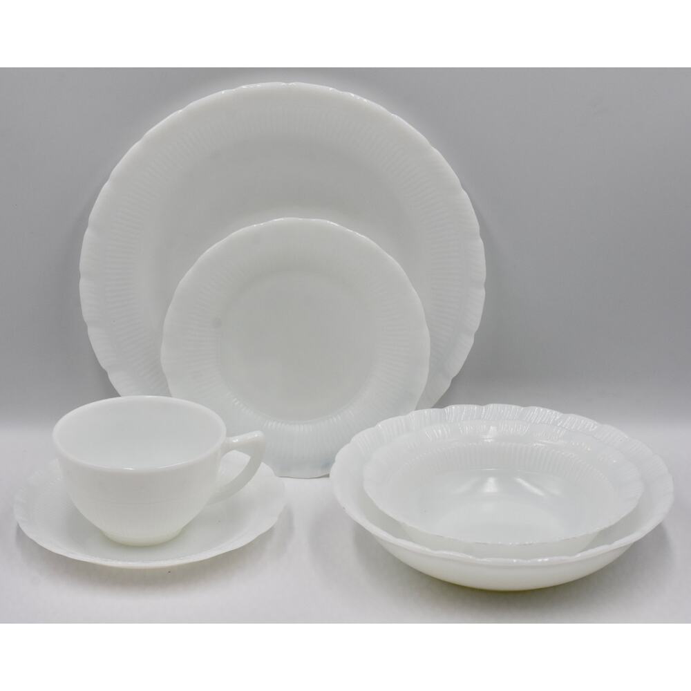 MACBETH EVANS CREMAX Opalescent Glass OXFORD 6pc Set Bowl-Plate-Cup-Saucer